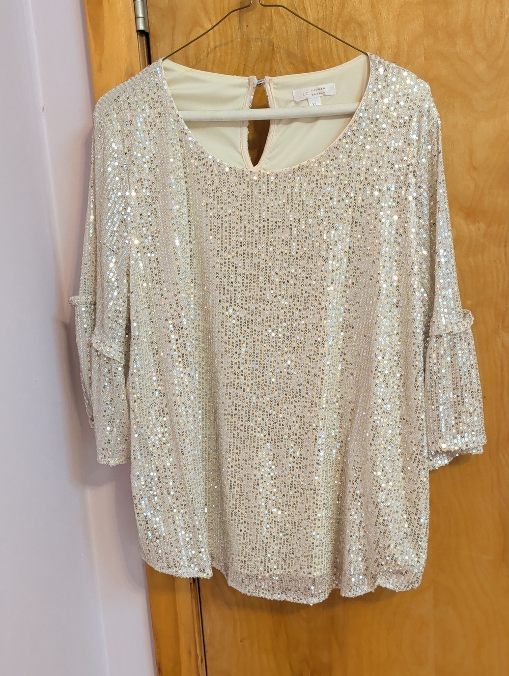 LC Lauren Conrad Ivory Sequin Scoop-Neck Party Top